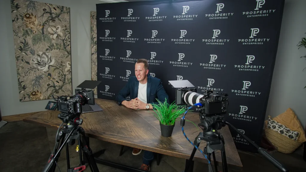 Prosperity Enterprises webinar studio, full set with softbox and branded backdrops